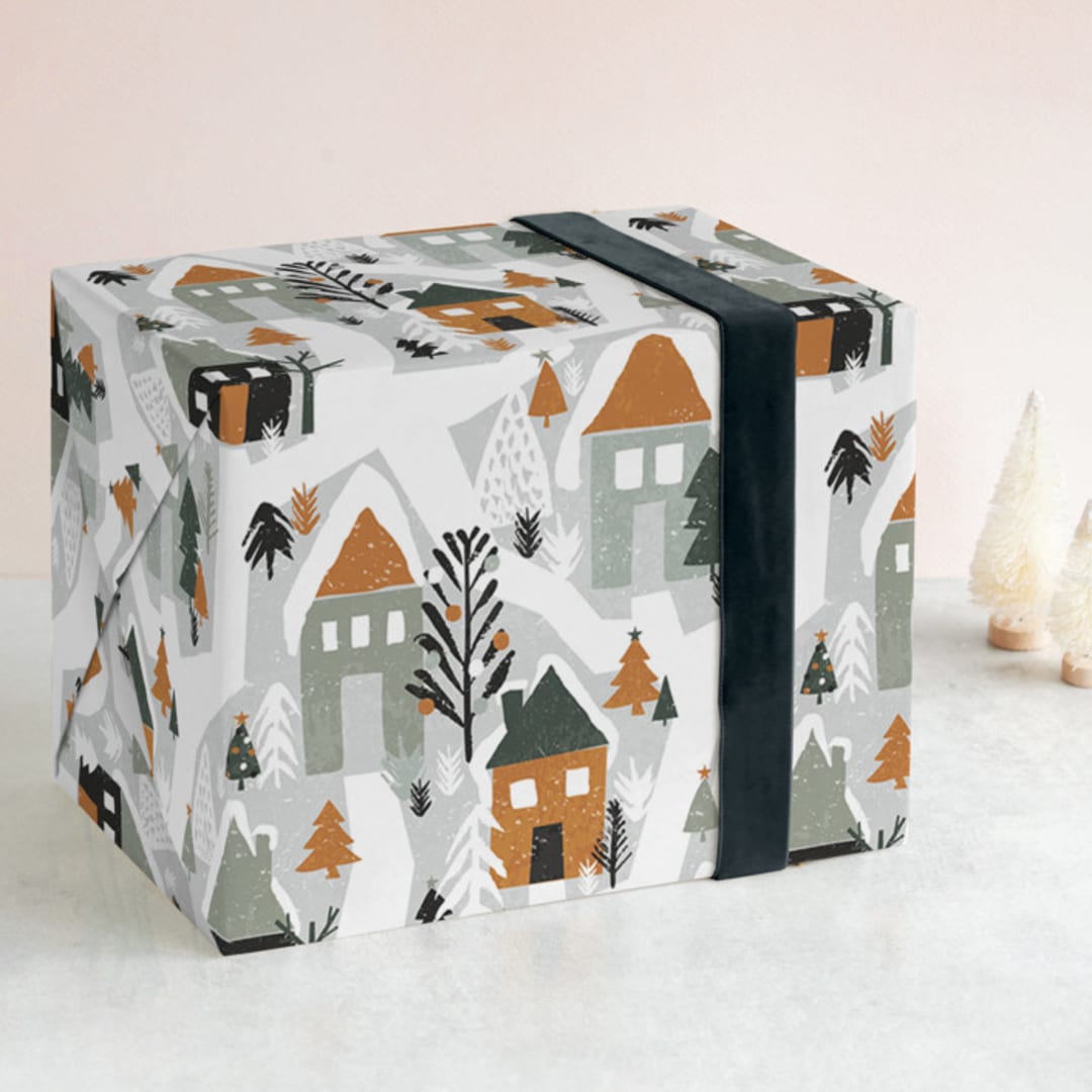 "Festive Village" - Wrapping Paper in White by Iveta Angelova - Front