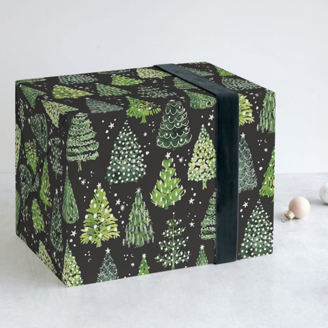 "Decorated Christmas trees" - Wrapping Paper in Evergreen by Rosana Laiz Blursbyai - Front