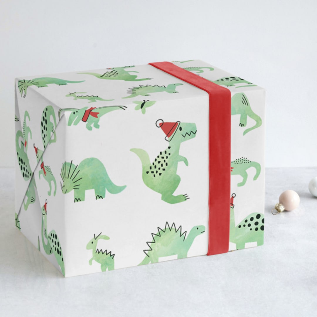 "Darling Dinos" - Wrapping Paper in white by Jessie Steury - Front