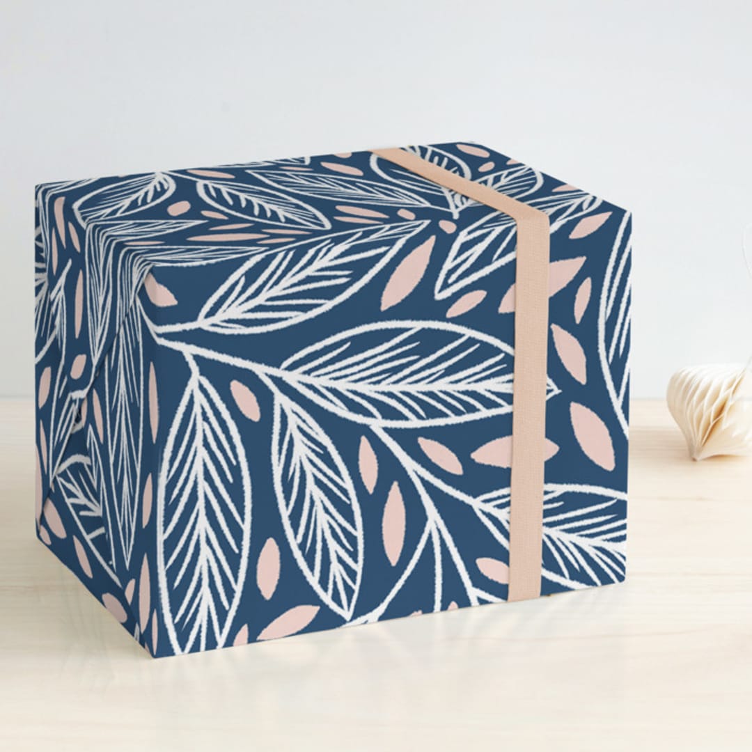 "Dancing Leaves" - Wrapping Paper in Blue by Yaling Hou Suzuki - Front