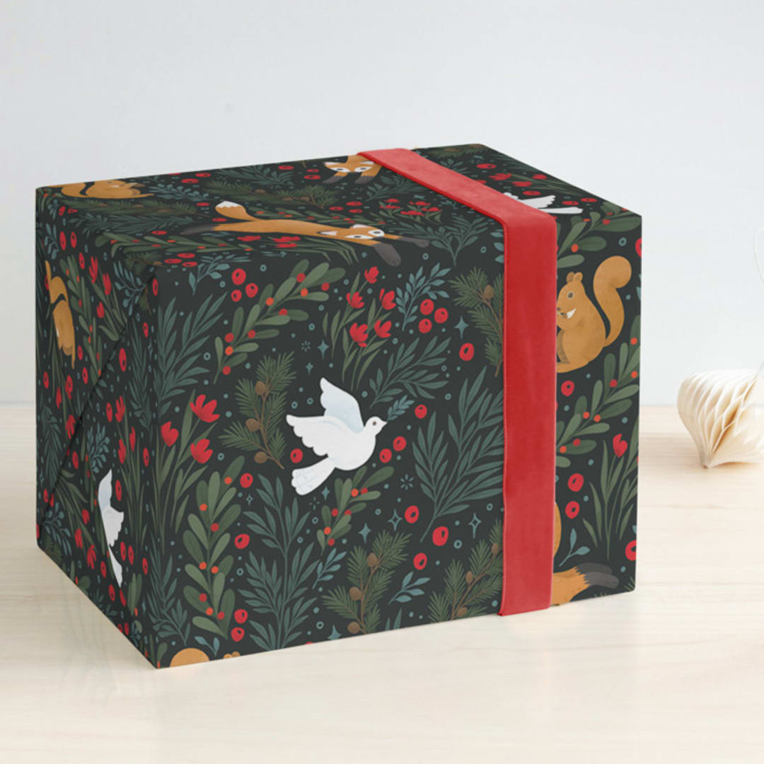 "Festive Animals" - Wrapping Paper in Charcoal by Shannon Chen of Four Wet Feet Studio - Front