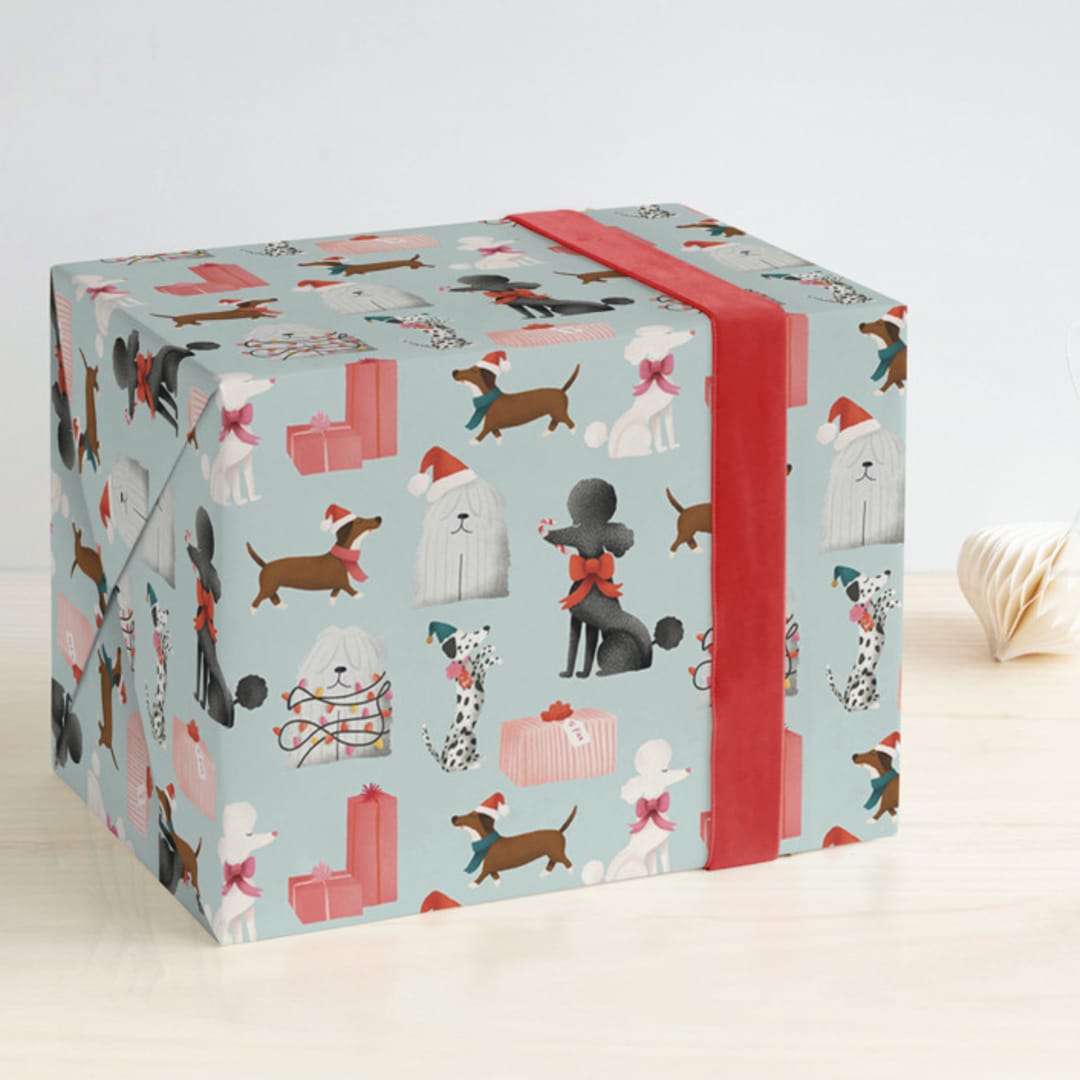 "Bark! The Herald Angel Sing" - Wrapping Paper in Sky Blue by Ana Peake - Front