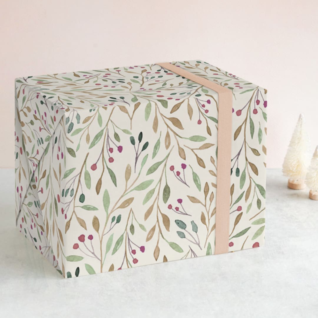 "Autumn Leaves and Berries" - Wrapping Paper in Buttercream by Angelica Venegas - Front