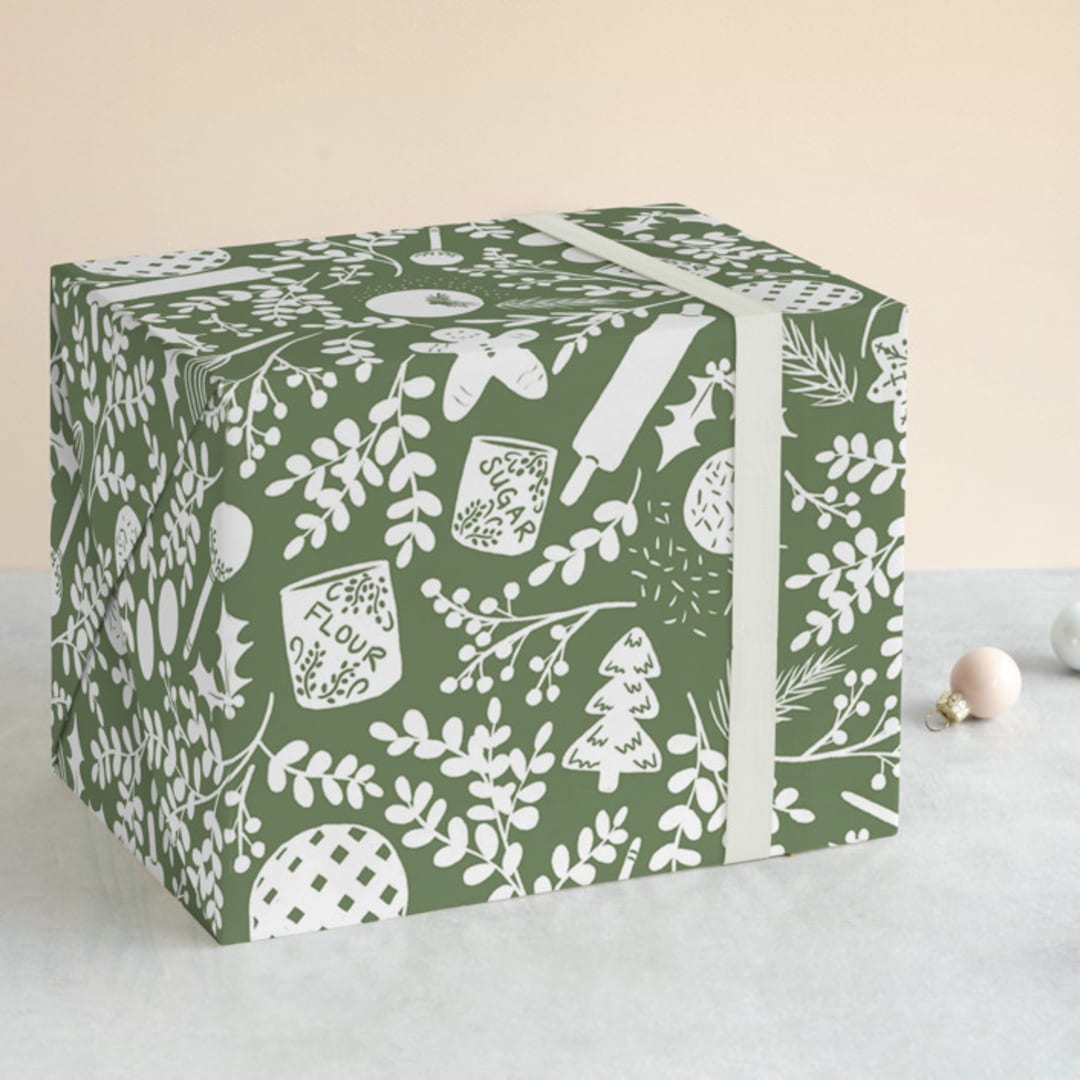 "A Baker's Holiday" - Wrapping Paper in Evergreen by Jaclyn Ruble - Front