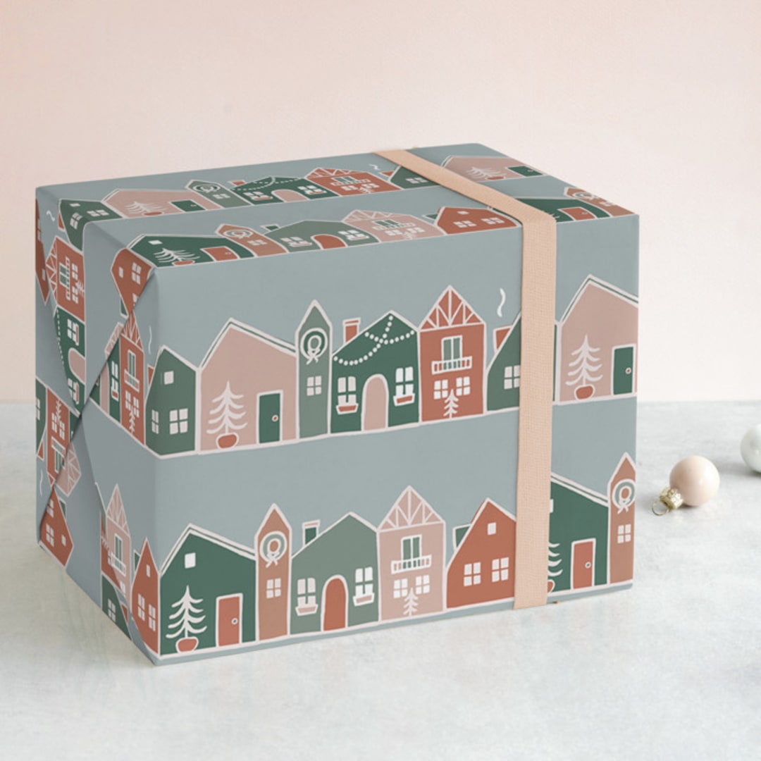 "Holiday Streets" - Wrapping Paper in Spice Drops by Charter Oaks Creative - Front