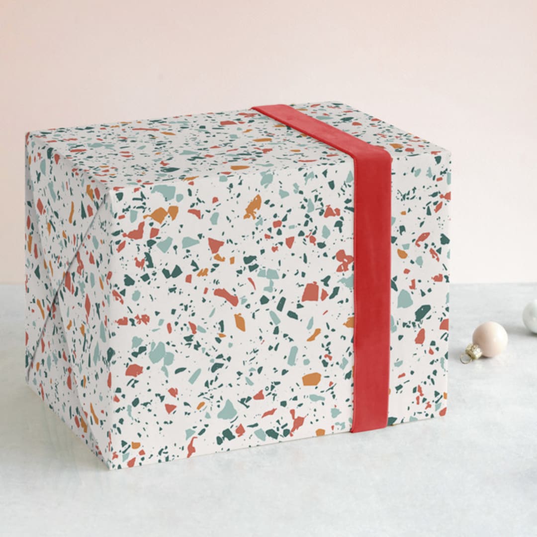 "Christmas Terrazzo" - Wrapping Paper in Forest Shades by Claire Iglesias - Front