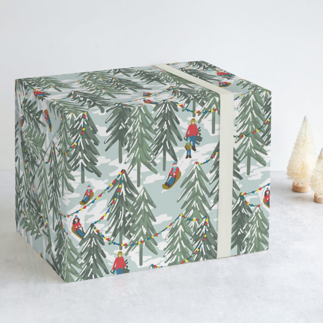 "Sledding Scene" - Wrapping Paper in Mint by Meggy Masters - Front