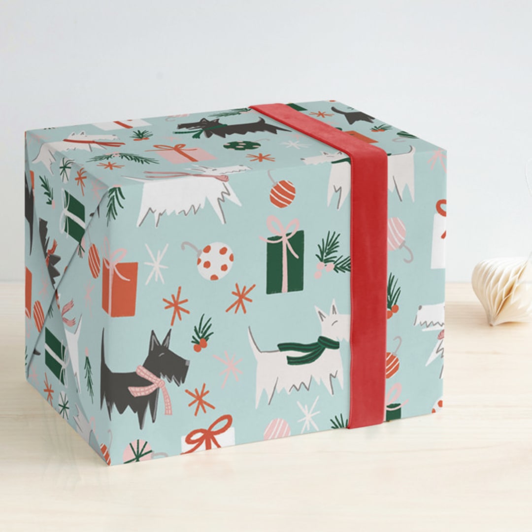 "Scotties In Scarves" - Wrapping Paper in Frost by Lissabeth Anglin - Front