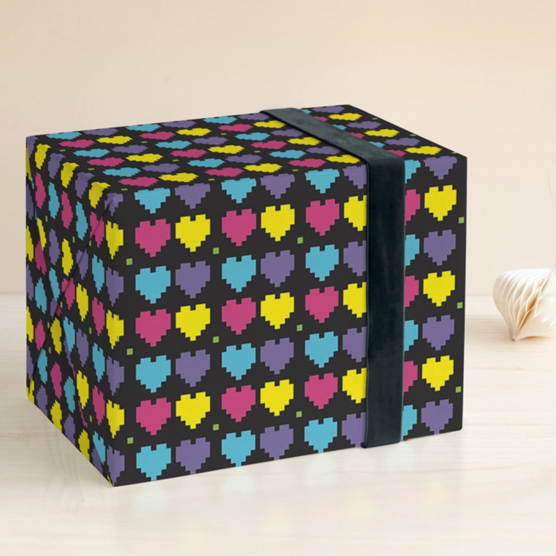 "Pixel Hearts" - Wrapping Paper in Onyx by Loree Mayer - Front