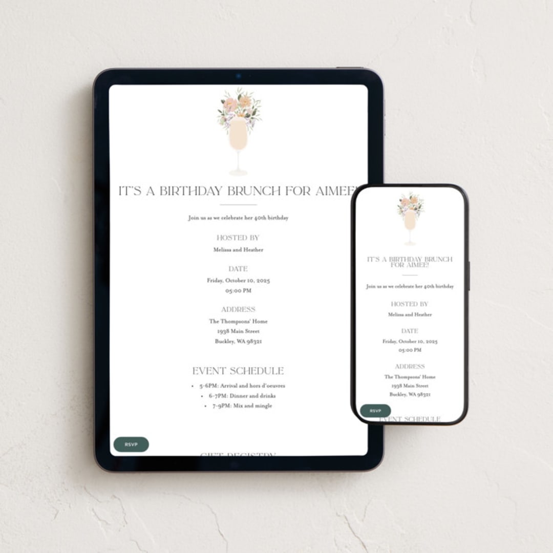 "Garden Brunch" - Online Birthday Invitations in Petal by Itsy Belle Studio - Mobile + desktop layout
