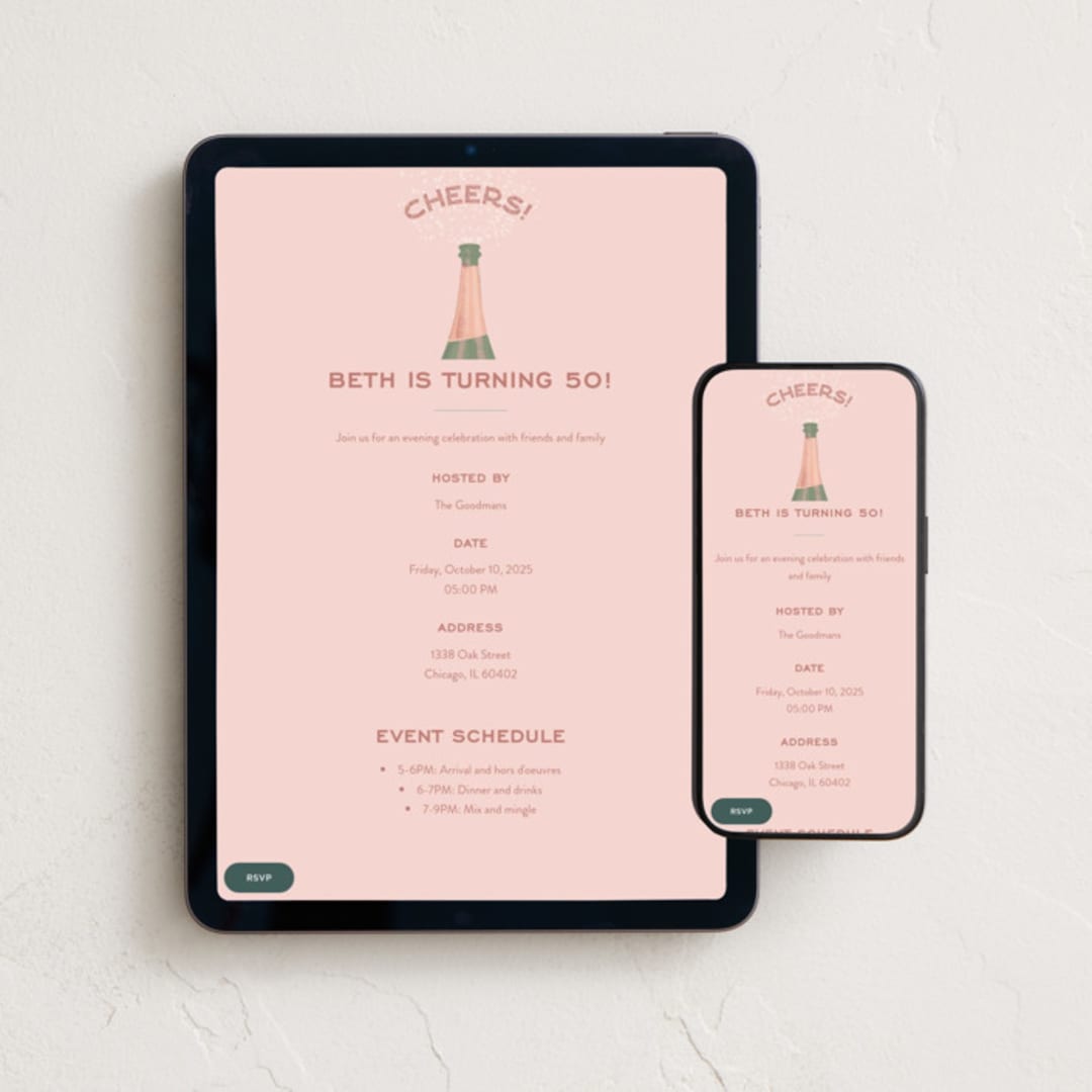 "Let's Cheers!" - Online Birthday Invitations in Rose by Julie Hebert - Mobile + desktop layout