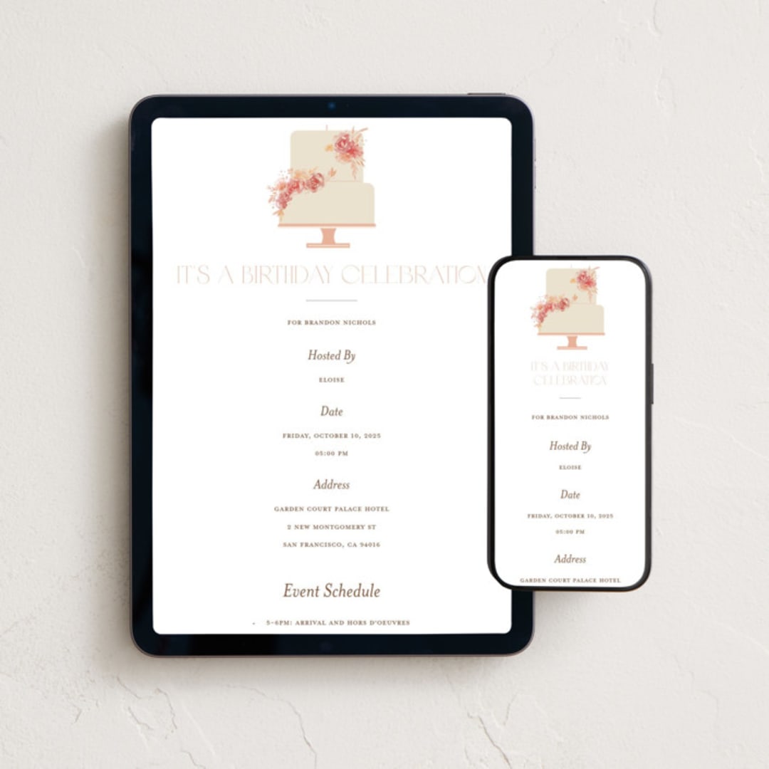 "A cake to celebrate" - Online Birthday Invitations in Peach by Hudson meet Rose - Mobile + desktop layout