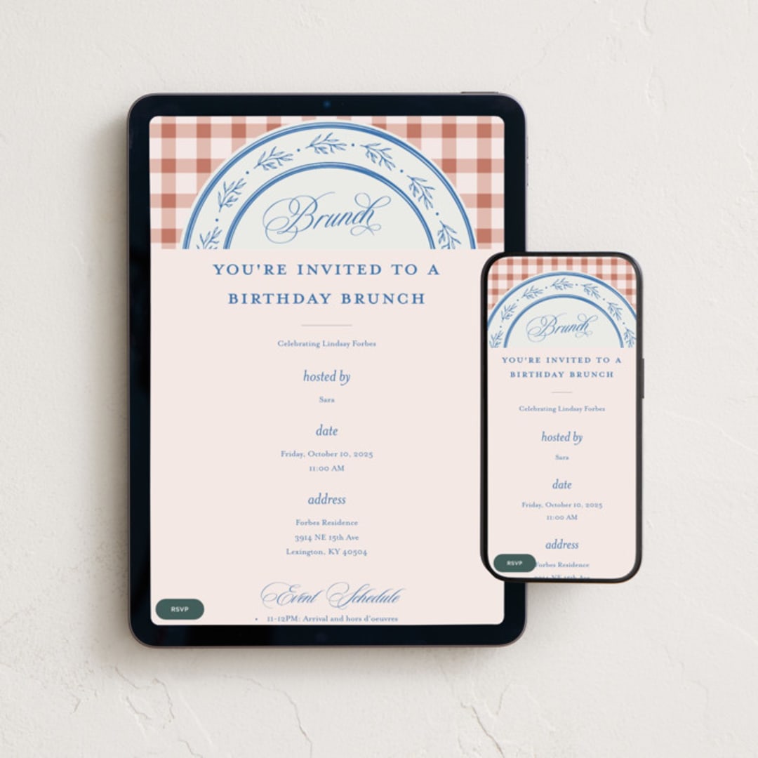 "Classic Brunch" - Online Birthday Invitations in Bluebell by Olivia Raufman - Mobile + desktop layout