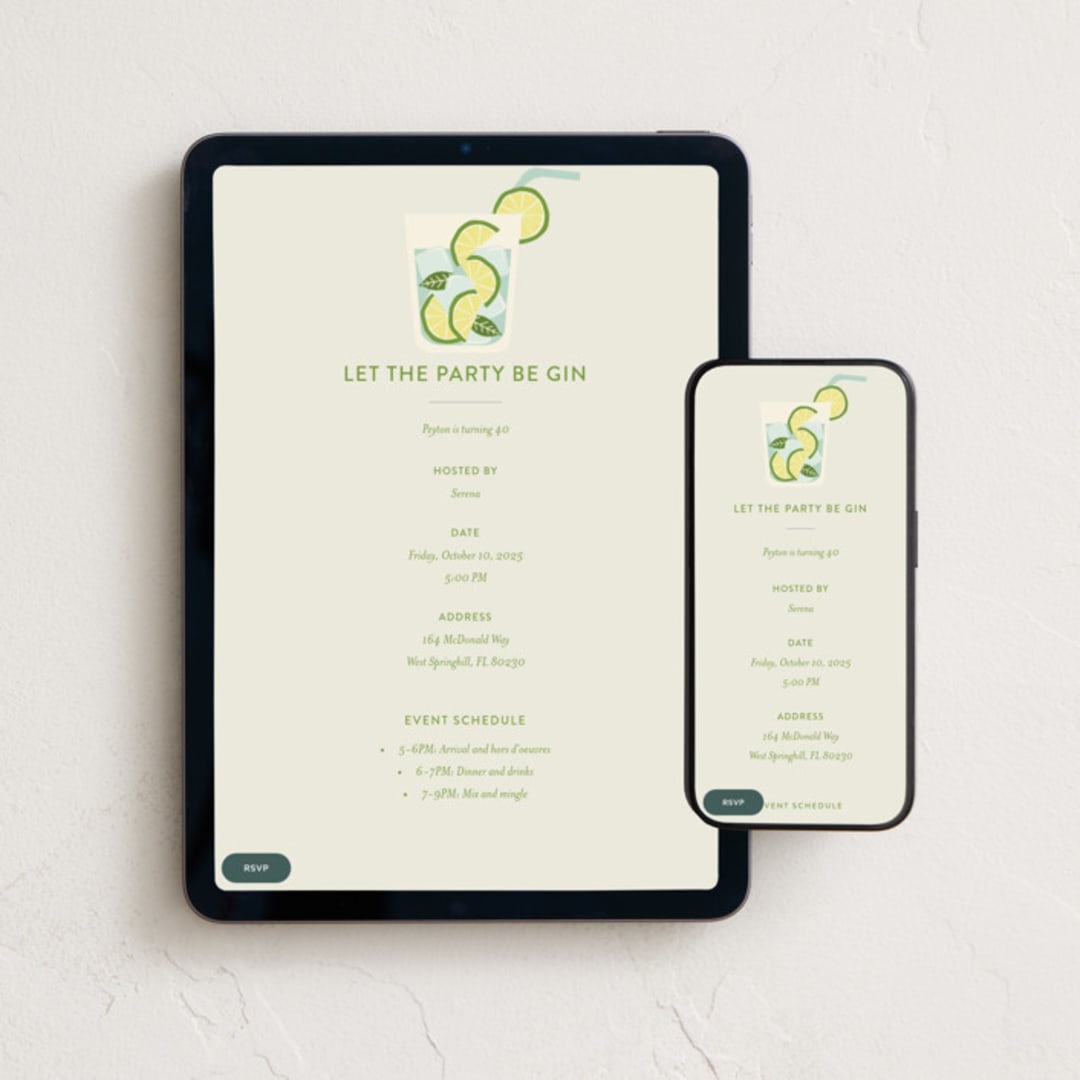 "Be Gin" - Online Birthday Invitations in Icy Lime by Kampai Designs - Mobile + desktop layout