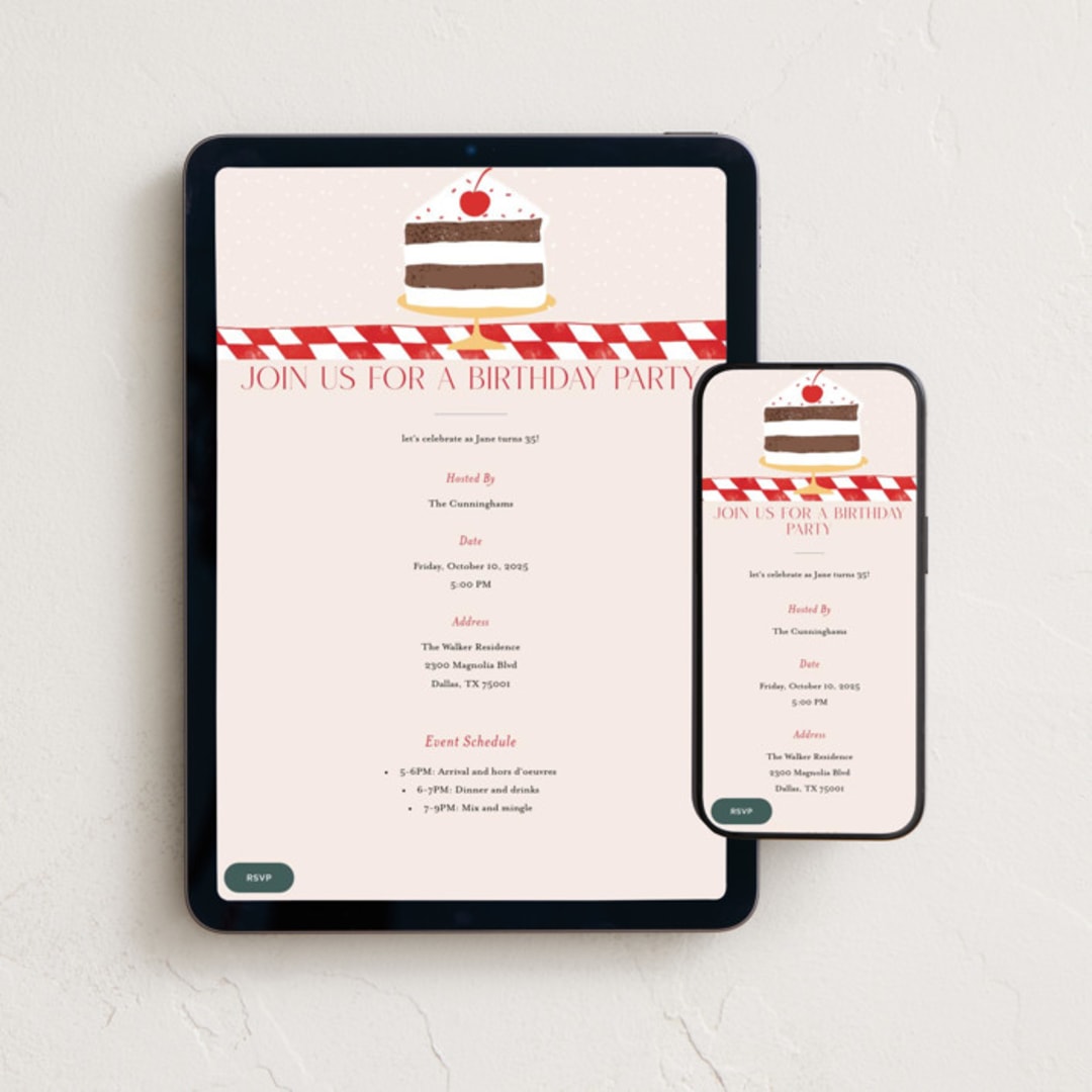 "Birthday Cake" - Online Birthday Invitations in Red Checker by Maja Cunningham - Mobile + desktop layout