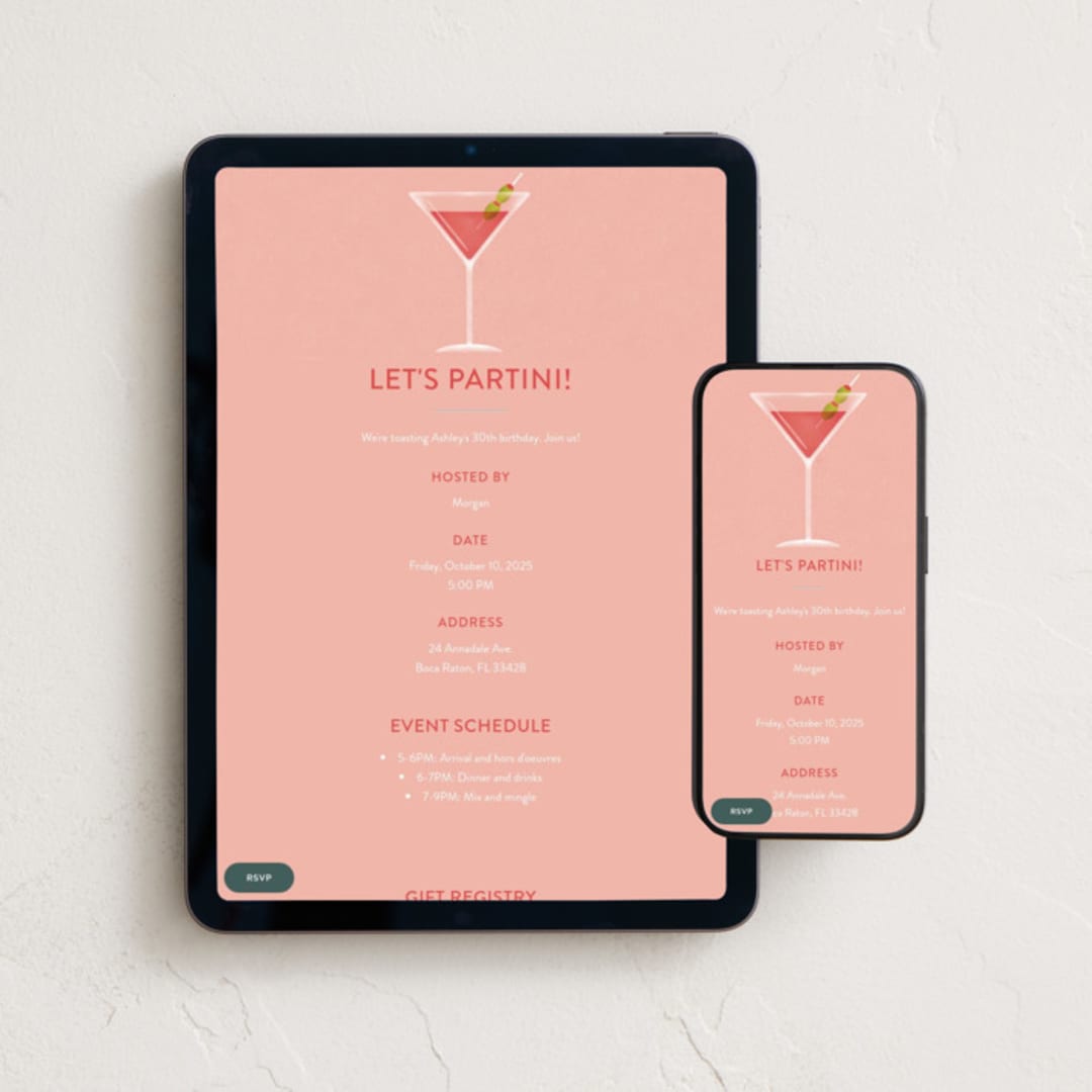 "Partini" - Online Birthday Invitations in Carnation by Megan Cash - Mobile + desktop layout