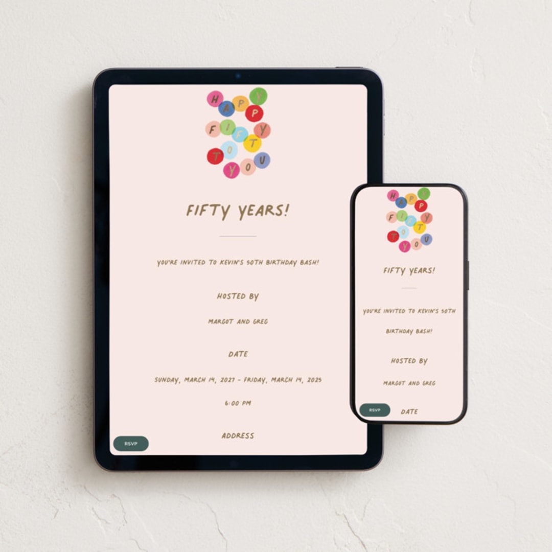 "Happy 50 to you" - Online Birthday Invitations in Coral by Pati Cascino - Mobile + desktop layout