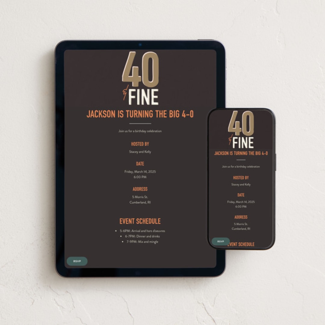 "Forty-fine" - Online Birthday Invitations in Gravel by Robin Ott - Mobile + desktop layout