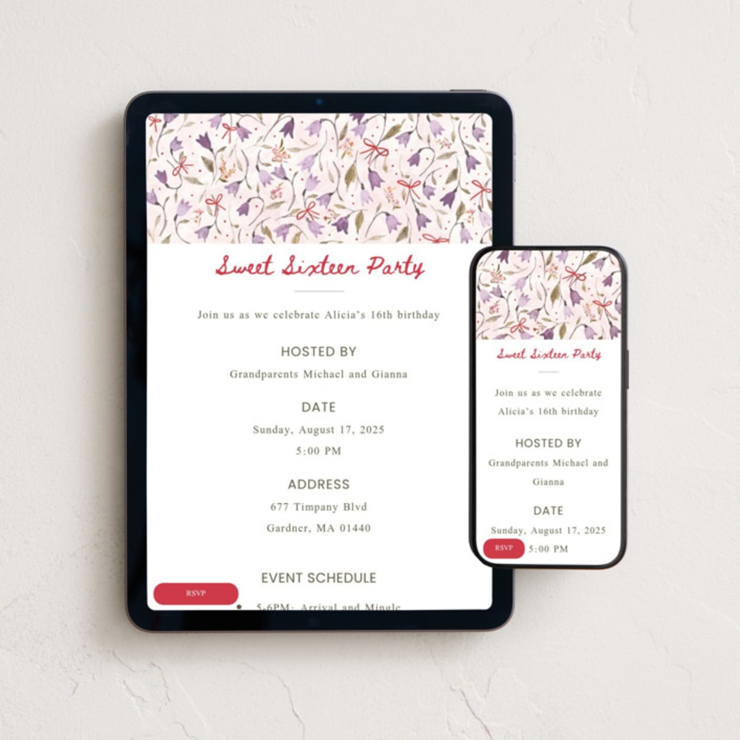 "BellsAndBows" - Online Birthday Invitations in Berry by samovilka - Mobile + desktop layout