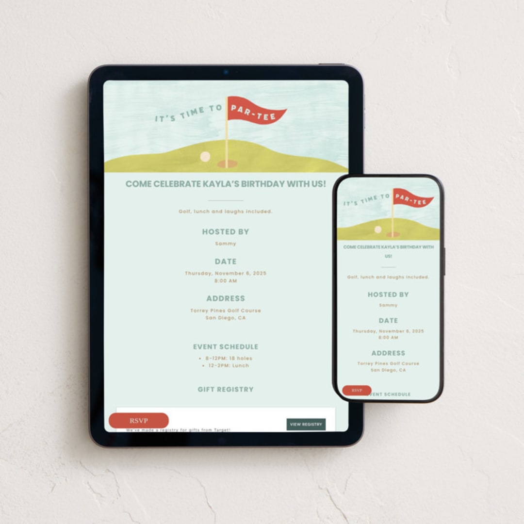 "Par-Tee" - Online Birthday Invitations in Seafoam by Natalie Rae - Mobile + desktop layout