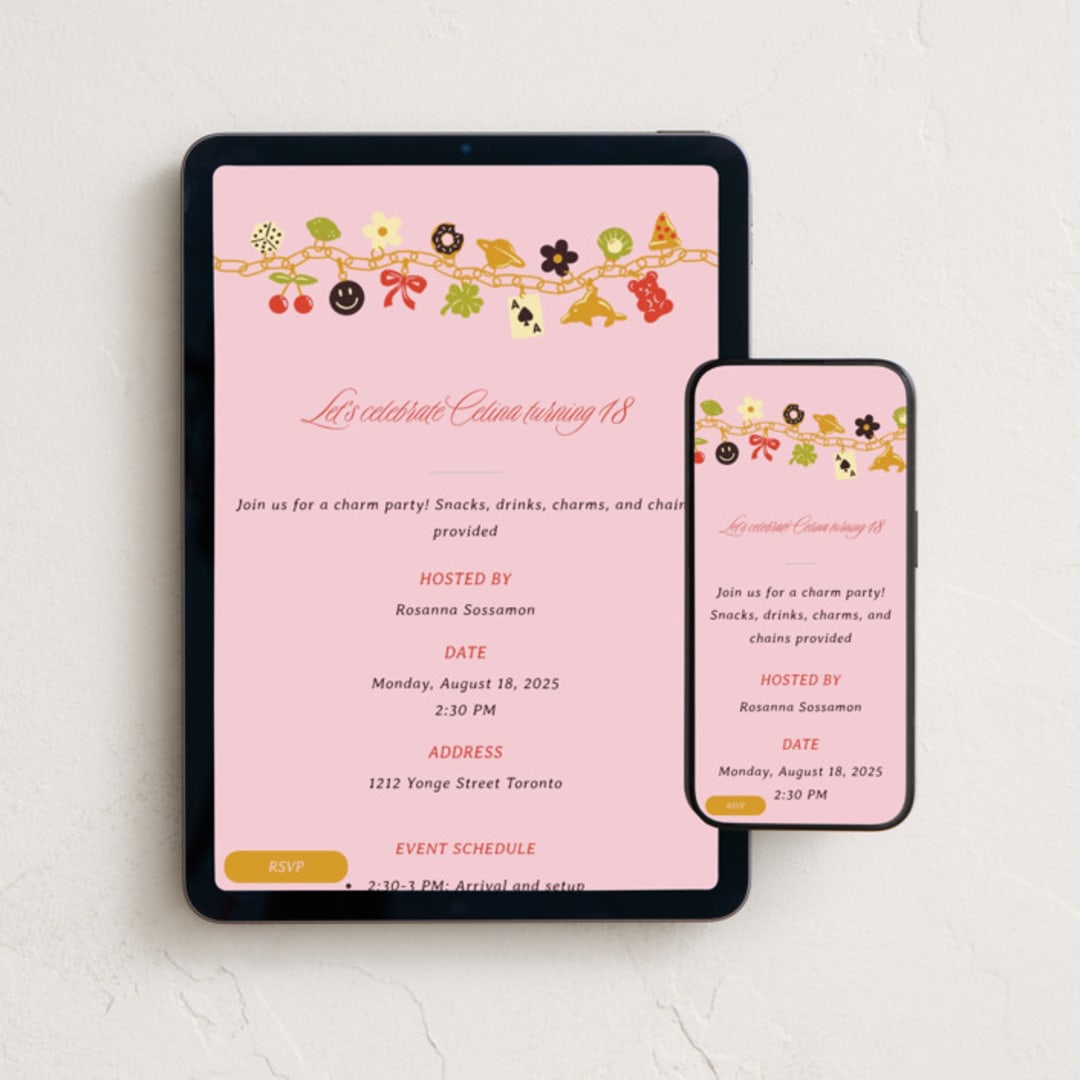 "Charm Party" - Online Birthday Invitations in Sour Cherry by Sam Dubeau - Mobile + desktop layout