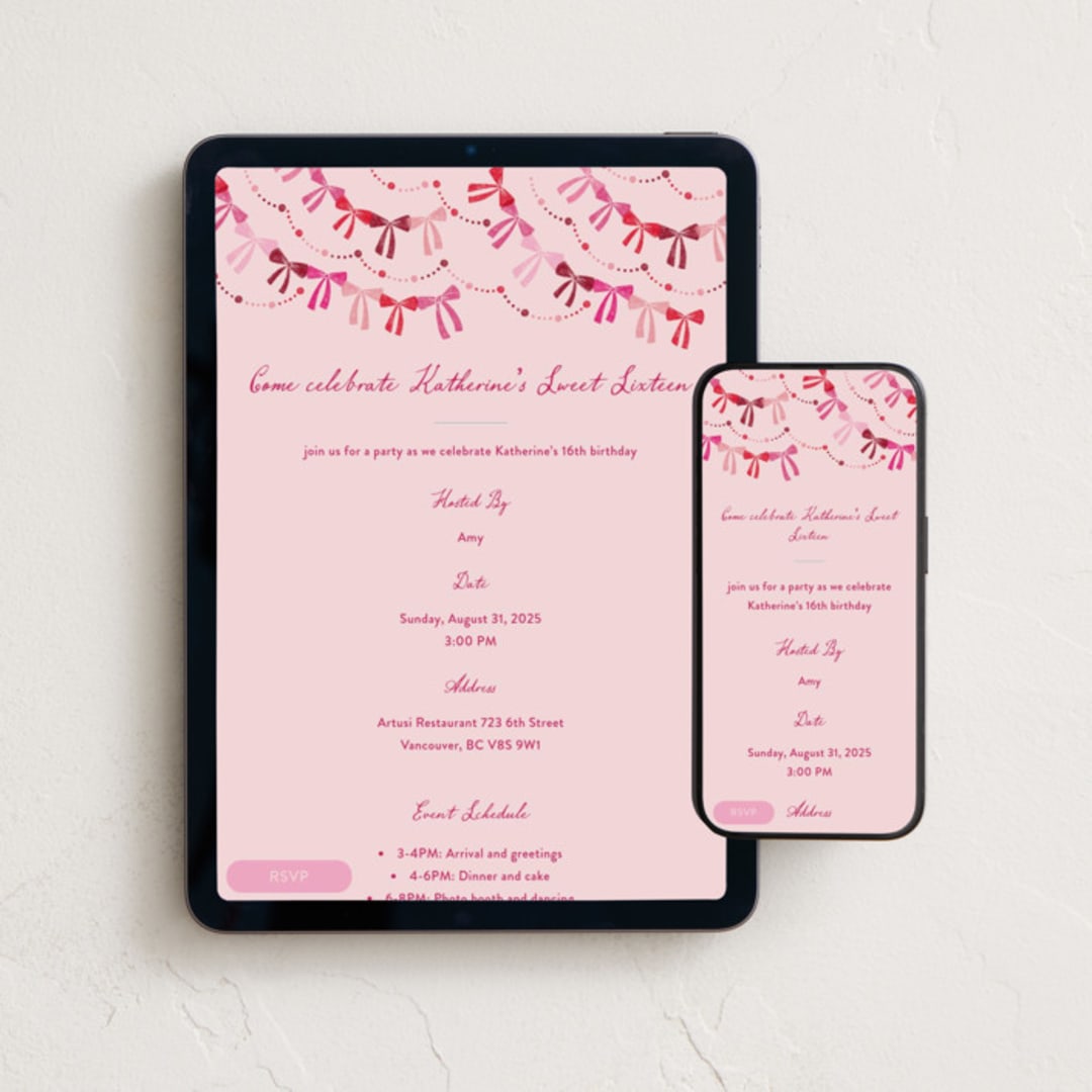 "bow party" - Online Birthday Invitations in Azalea by Vivian Yiwing - Mobile + desktop layout