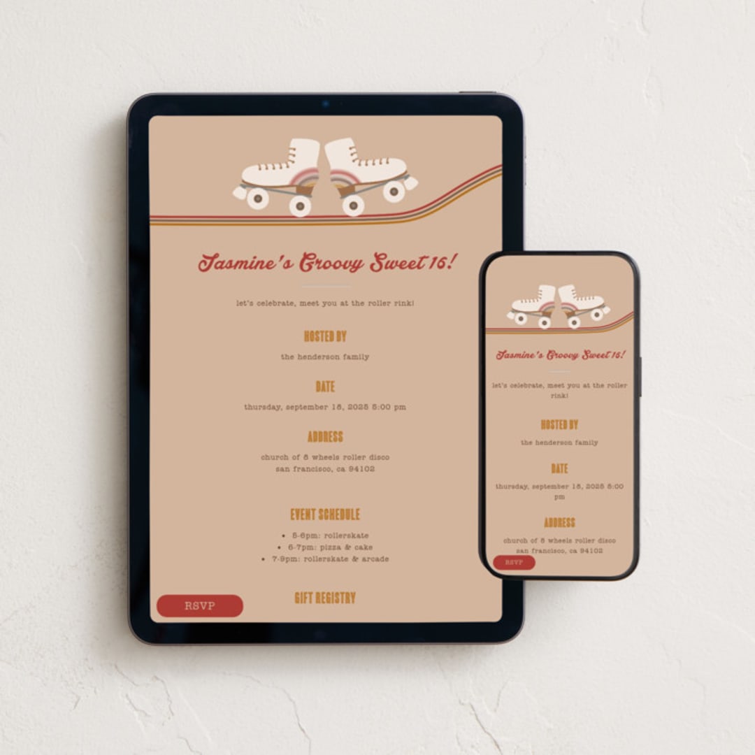 "Groovy Skates" - Online Birthday Invitations in Almond by jomolo - Mobile + desktop layout