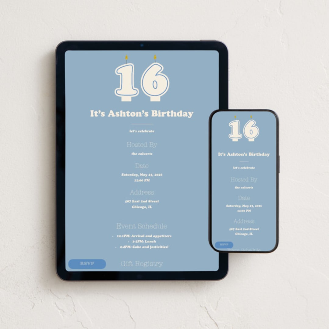 "Sixteen Candles" - Online Birthday Invitations in Sky by Baumbirdy - Mobile + desktop layout