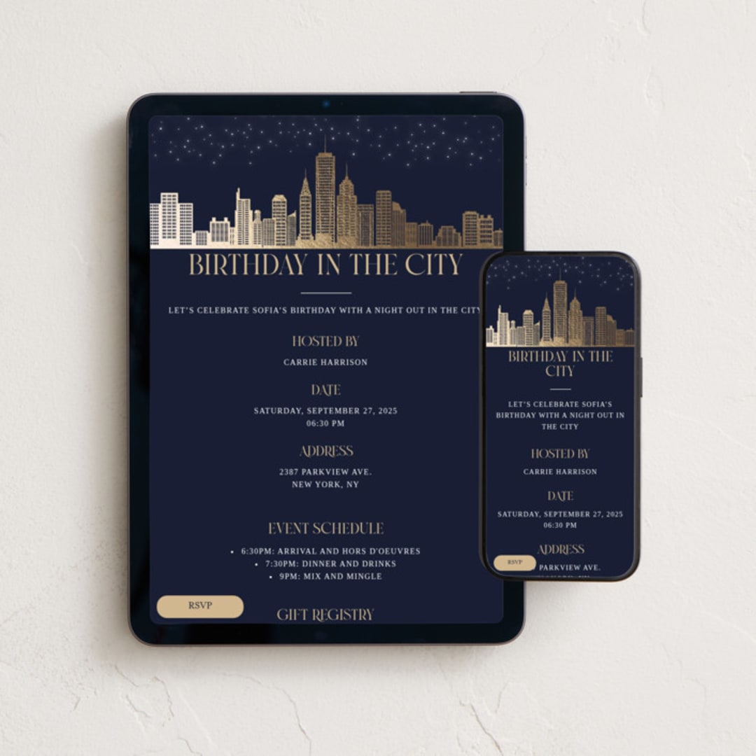 "Birthday in the City" - Online Birthday Invitations in Midnight by Stacy Maalouf - Mobile + desktop layout