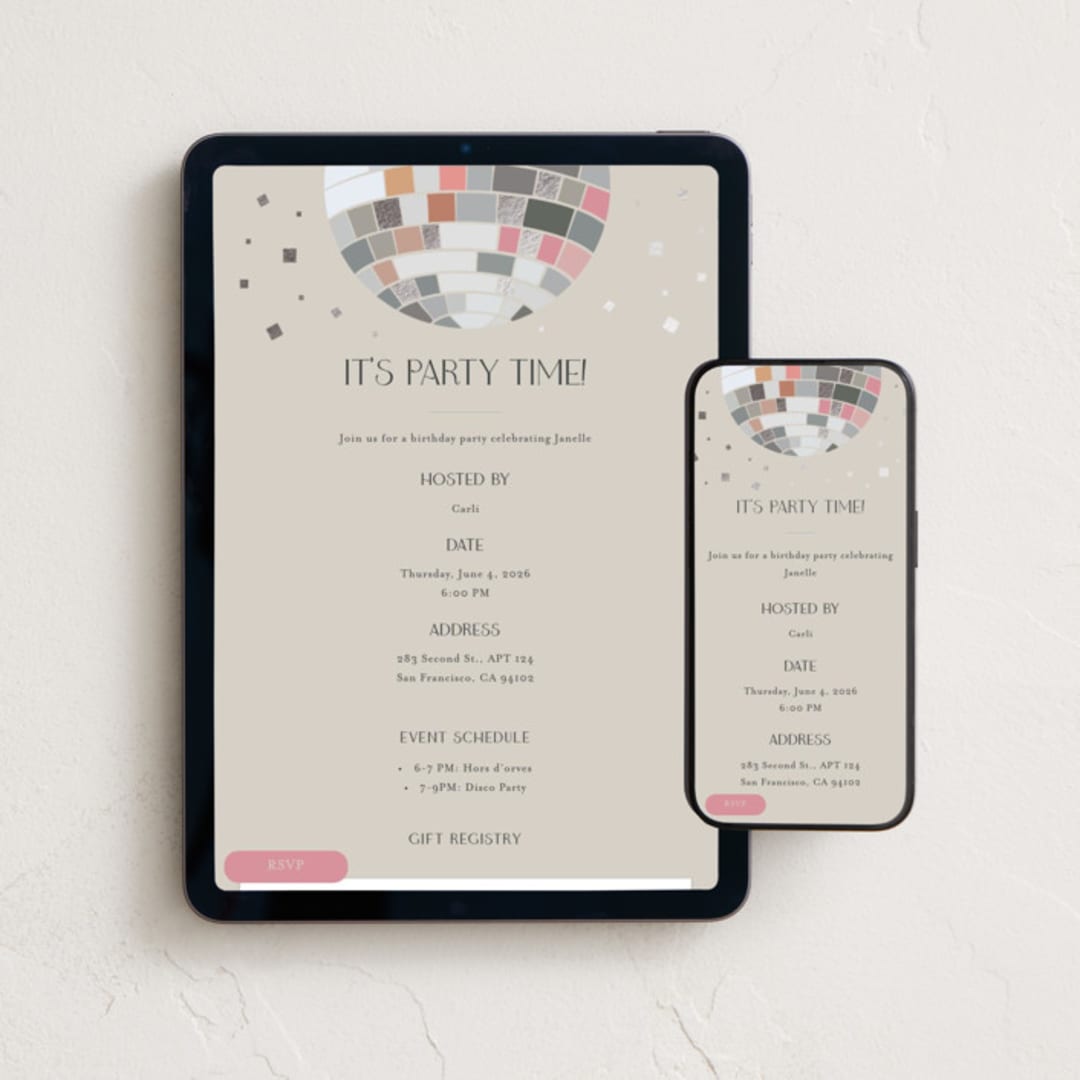 "Disco Ball Birthday" - Online Birthday Invitations in Khaki by Carolyn Hunt - Mobile + desktop layout