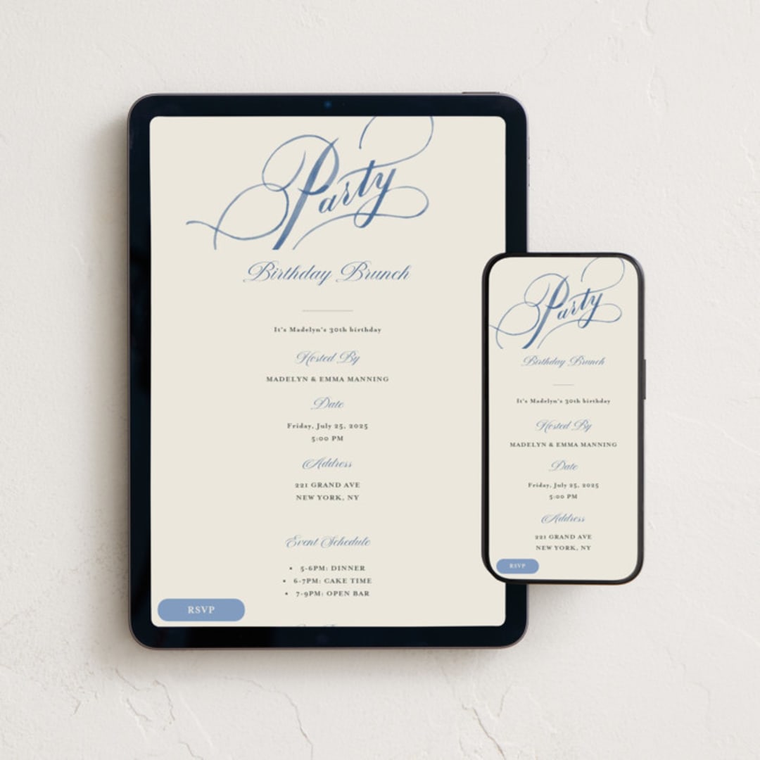 "Watercolor Lettering" - Online Birthday Invitations in Navy by Shannon Chen of Four Wet Feet Studio - Mobile + desktop layout
