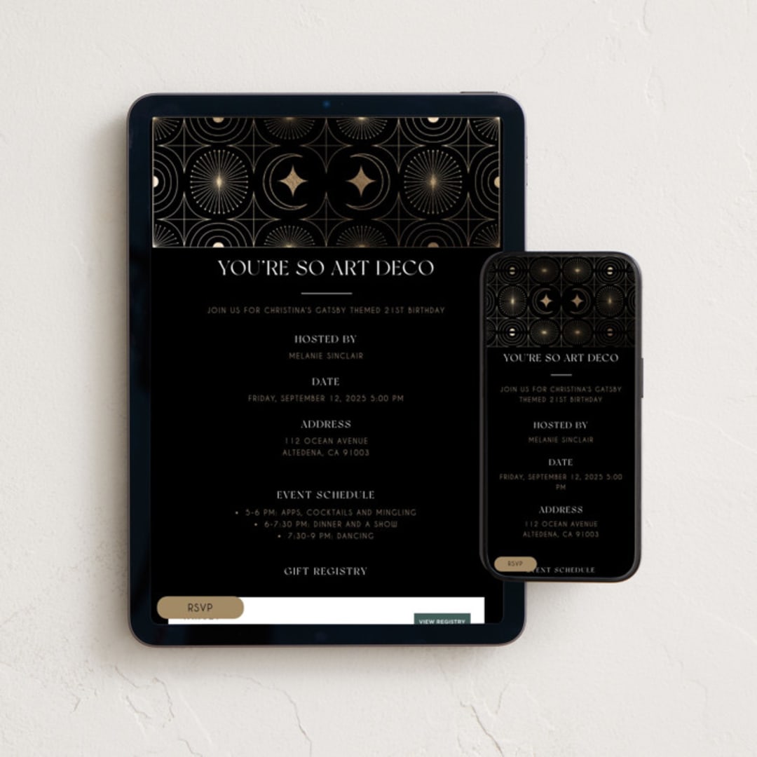 "You're so Art Deco" - Online Birthday Invitations in Midnight by Zani van Zyl - Mobile + desktop layout