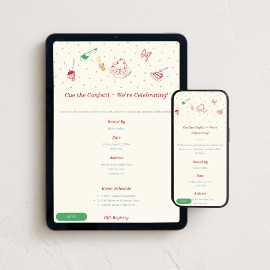 "Confetti & Cheers" - Online Birthday Invitations in Fruitcake by Sarah Rosenthal - Mobile + desktop layout