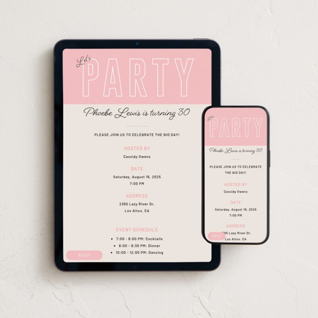 "Bold Type" - Online Birthday Invitations in Blush by Ilene Guy - Mobile + desktop layout