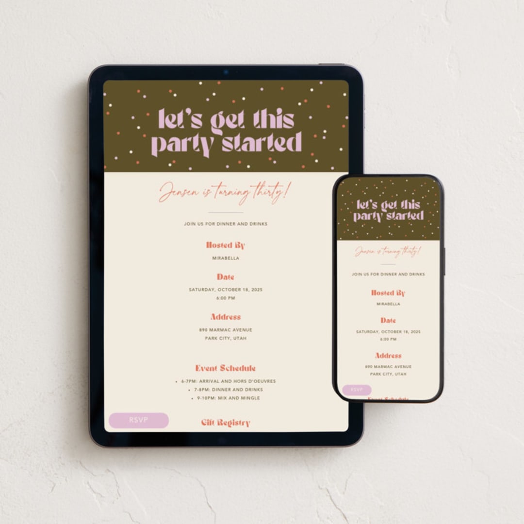 "Get this party started" - Online Birthday Invitations in Olive by Robert and Stella - Mobile + desktop layout