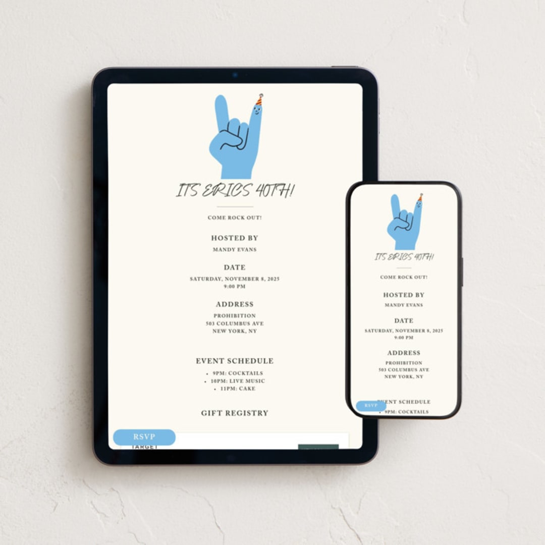 "Rock On!" - Online Birthday Invitations in Bluebird by mo kelley - Mobile + desktop layout