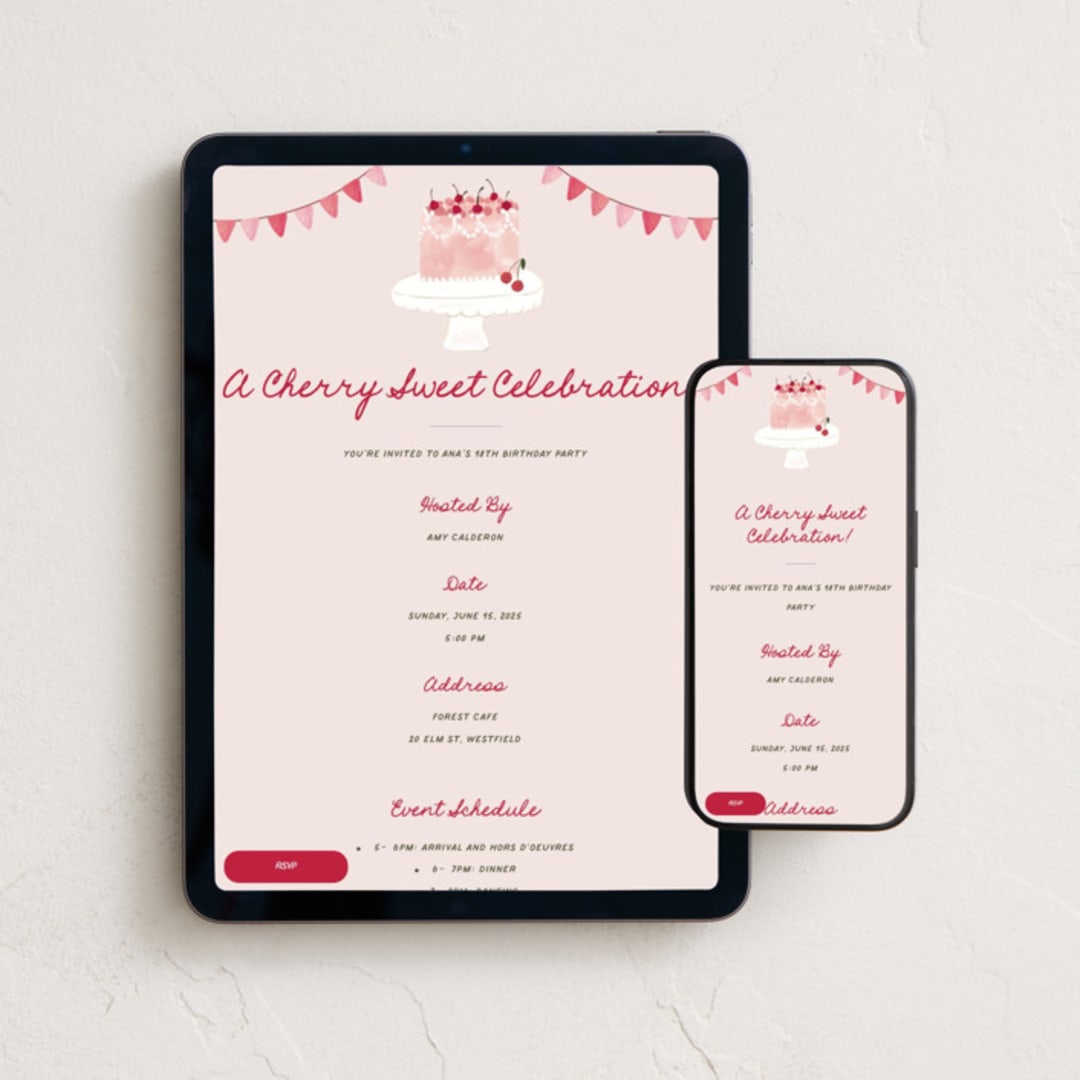 "Cherry Cake" - Online Birthday Invitations in Petal by Teju Reval - Mobile + desktop layout