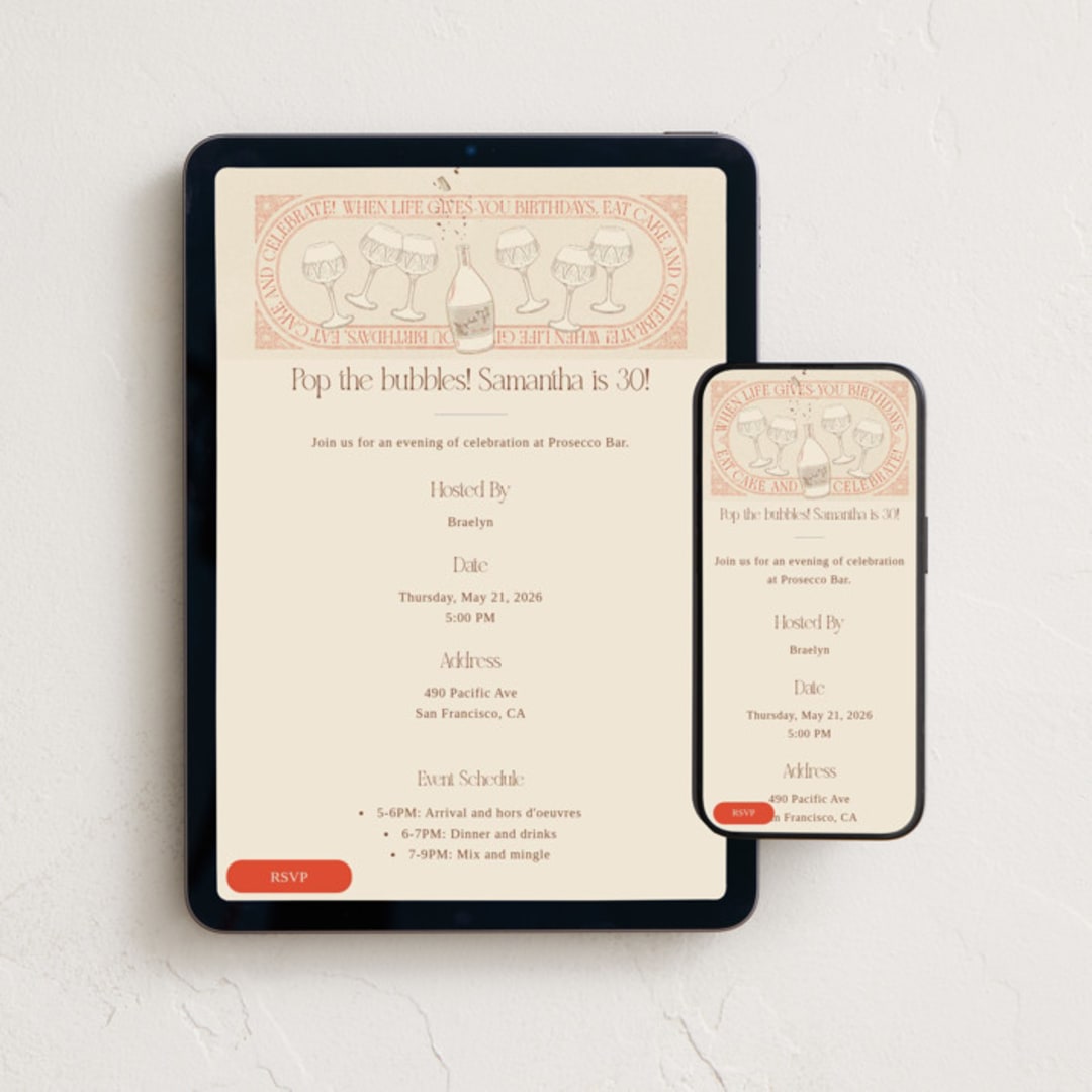 "Pop The Bubbles" - Online Birthday Invitations in Verona Sunset by Kelsey Mucci - Mobile + desktop layout