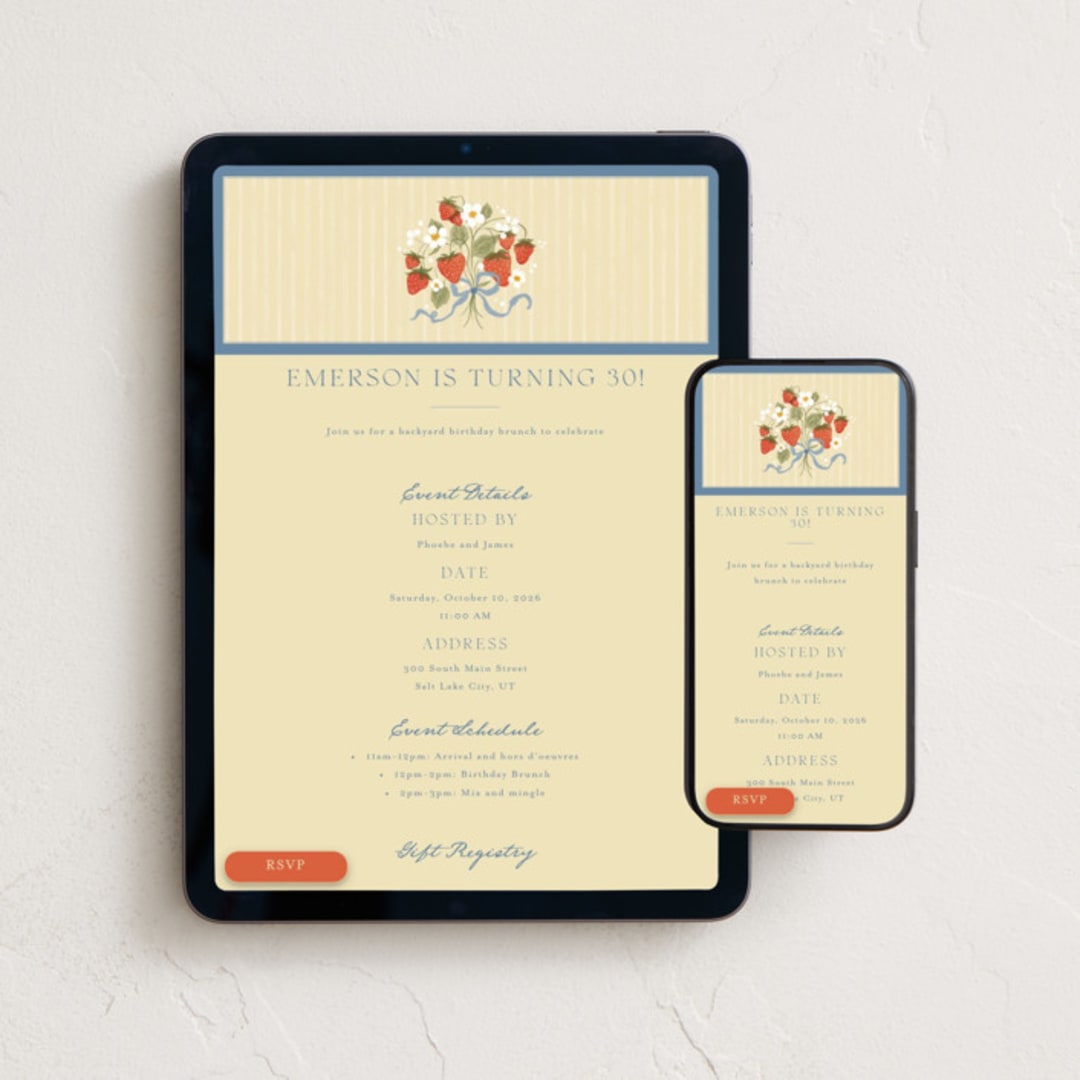 "Strawberry Sunshine" - Online Birthday Invitations in Blueberry by Erin L. Wilson - Mobile + desktop layout