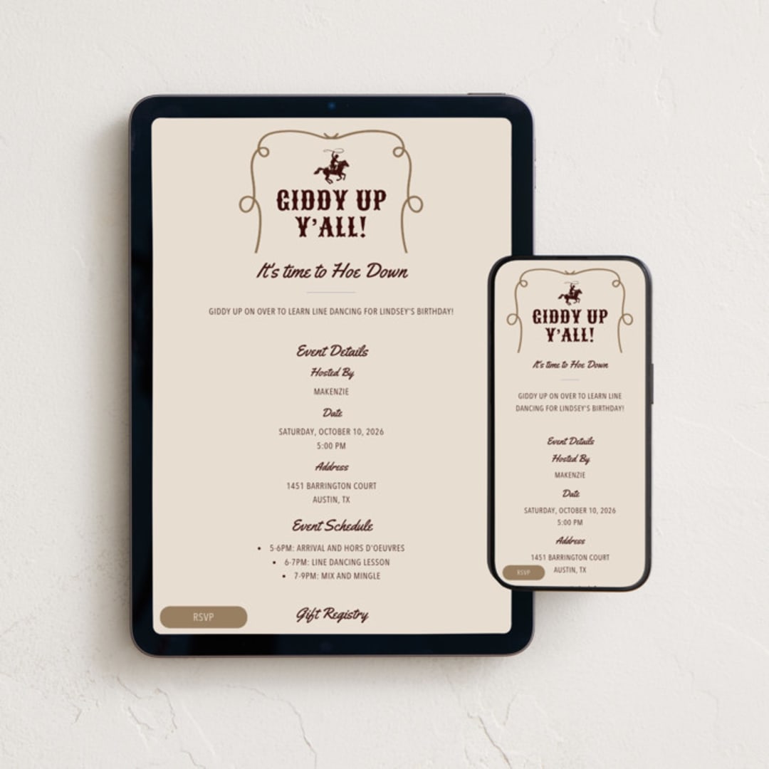 "Giddy up, Y'all!" - Online Birthday Invitations in Chardonnay by Sherley Ferreira - Mobile + desktop layout