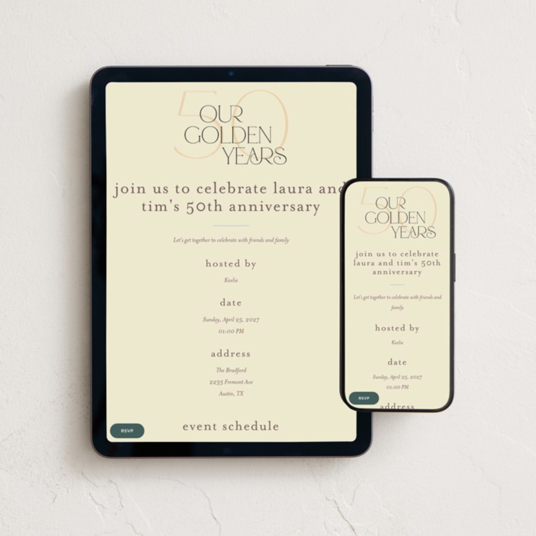"Golden Years" - Online Anniversary Invitations in Almond by Morgan Kendall - Mobile + desktop layout