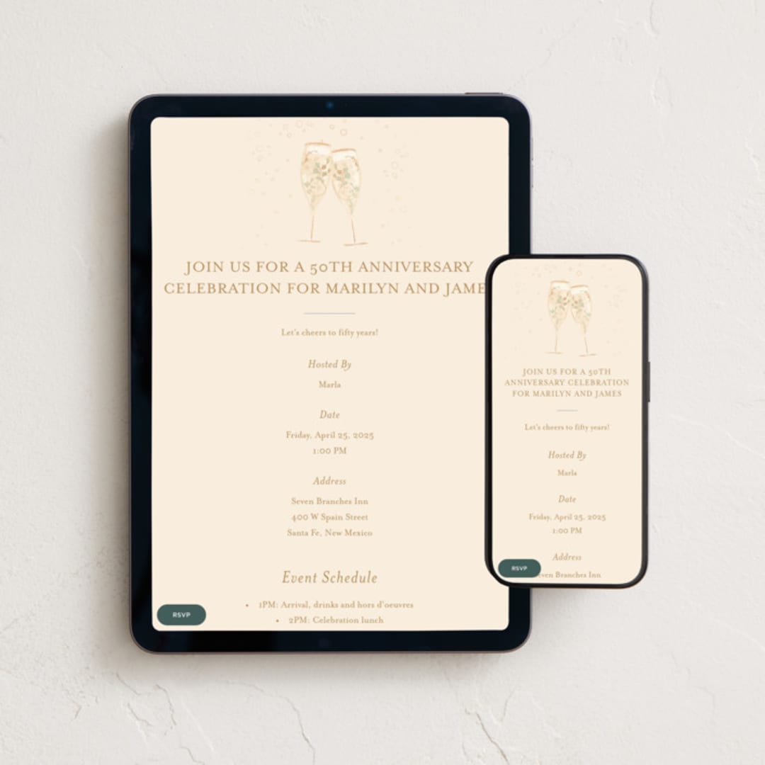 "champagne toast" - Online Anniversary Invitations in Bubbly by Kamala Nahas - Mobile + desktop layout