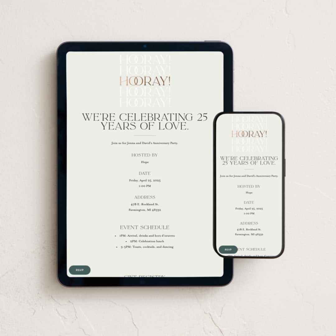 "Hooray!" - Online Anniversary Invitations in Mist by Gina Grittner - Mobile + desktop layout