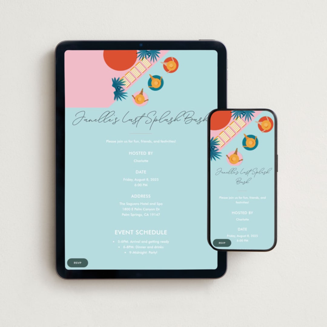 "Last Splash" - Online Bachelorette Party Invitations in Mimosa by Jenna Holcomb - Mobile + desktop layout