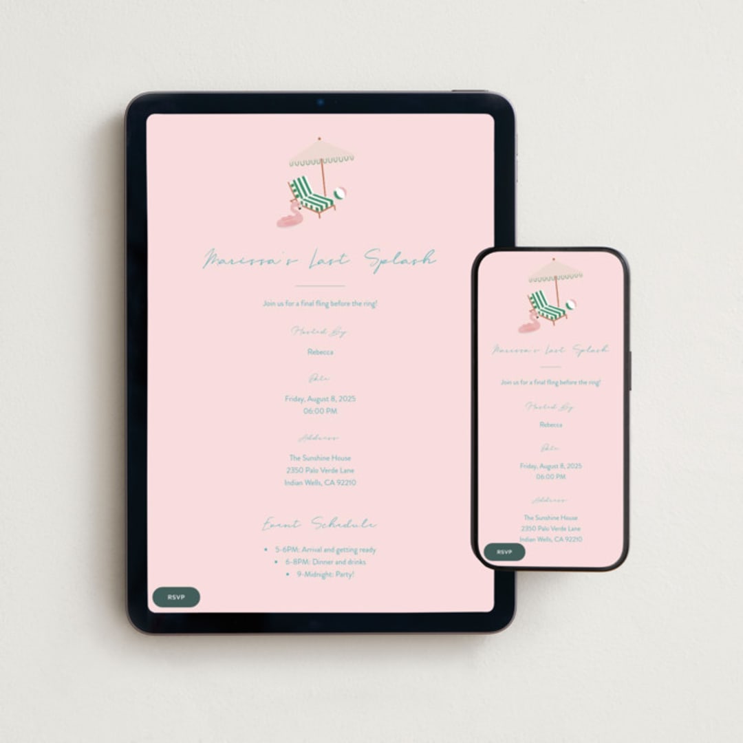 "Last Splash Pool Party" - Online Bachelorette Party Invitations in Petal by Becky Nimoy - Mobile + desktop layout