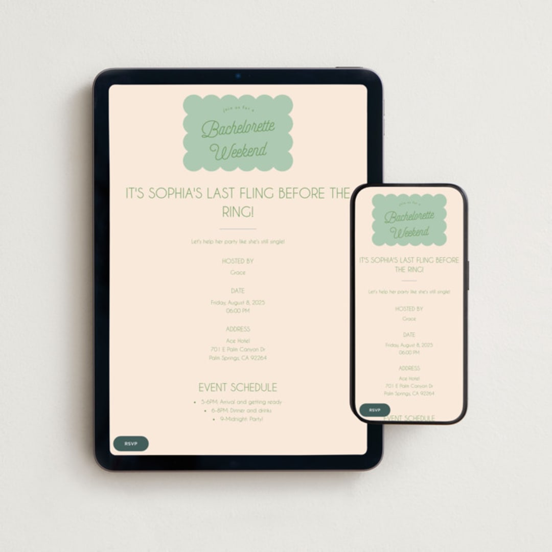 "Scallop" - Online Bachelorette Party Invitations in Seafoam by Morgan Kendall - Mobile + desktop layout