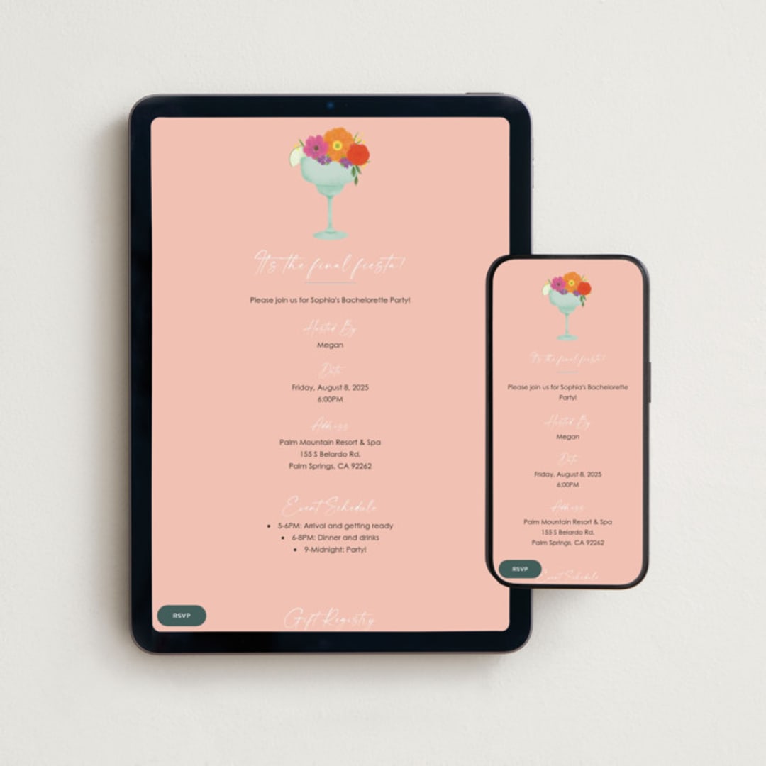 "Final Fiesta" - Online Bachelorette Party Invitations in Azalea by Itsy Belle Studio - Mobile + desktop layout