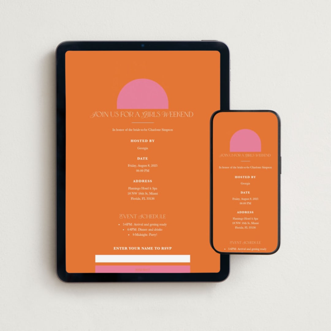 "Color Block Arch" - Online Bachelorette Party Invitations in Tangerine by Maria Alou - Mobile + desktop layout