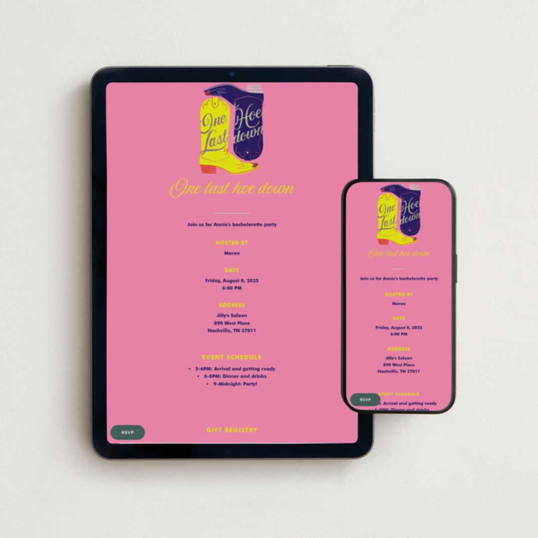 "Boots" - Online Bachelorette Party Invitations in Peony by Baumbirdy - Mobile + desktop layout