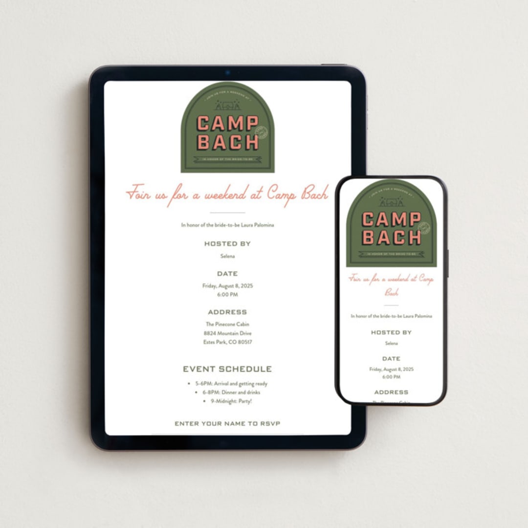 "Camp Bach" - Online Bachelorette Party Invitations in Fern by taylorVdesign - Mobile + desktop layout